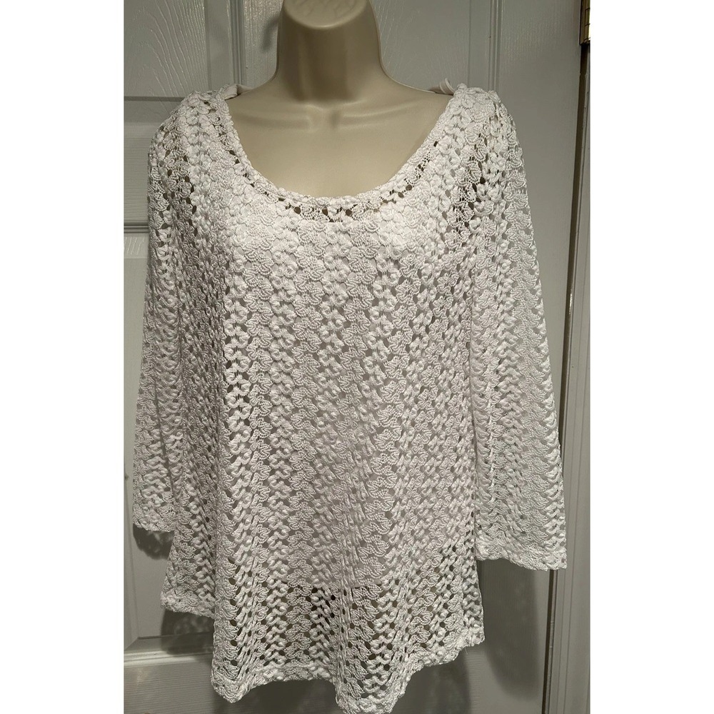 JM Collection Sheer Laced Crochet Tunic Blouse Cream White Sz L Boho Resort Chic